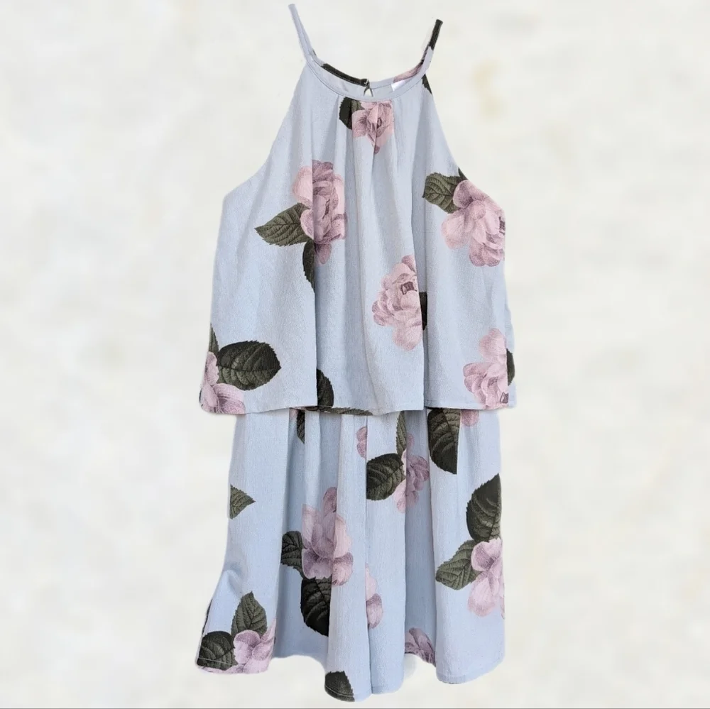 Blue-Gray Halter Neck Keyhole Back Pink Floral High Waist Shorts Romper - sz M